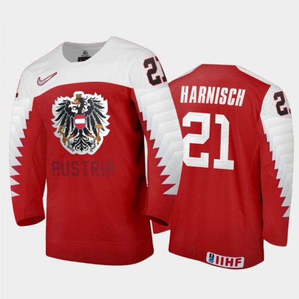 Tim Harnisch 2021 IIHF World Junior Championship Austria Away Jersey Red