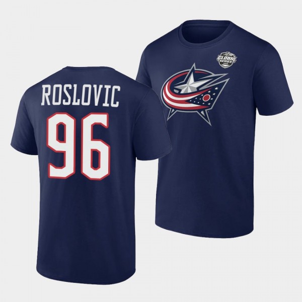 Jack Roslovic 2022 NHL Global Series Columbus Blue Jackets Navy T-Shirt