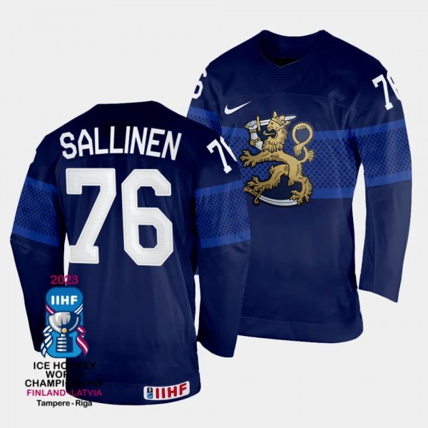 Finland #76 Jere Sallinen 2023 IIHF World Championship Away Jersey Navy