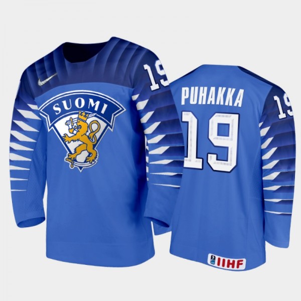 Petteri Puhakka 2021 IIHF World Junior Championship Finland Away Jersey Blue