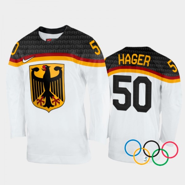 Germany Hockey Patrick Hager 2022 Winter Olympics Home Jersey White