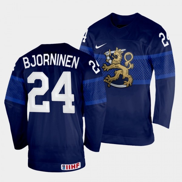 Finland 2022 IIHF World Championship Hannes Bjorninen #24 Navy Jersey Away