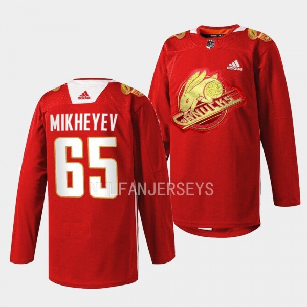 Vancouver Canucks 2023 Lunar New Year Ilya Mikheyev #65 Red Jersey Rabbit Warm-up