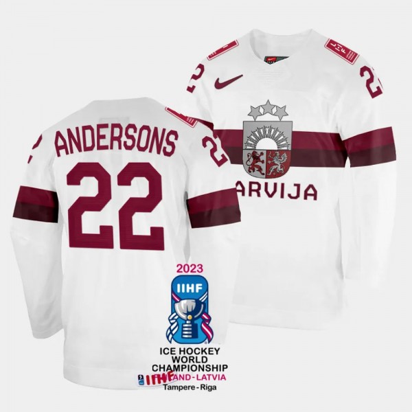 Latvia #22 Toms Andersons 2023 IIHF World Championship Home Jersey White