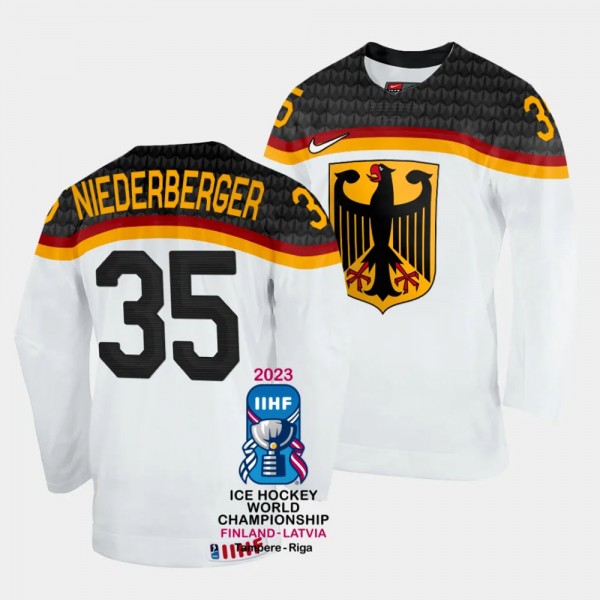 Germany 2023 IIHF World Championship Mathias Niederberger #35 White Jersey Home