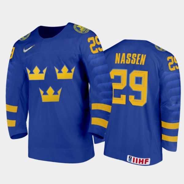 Men's Linus Nassen Sweden 2020 IIHF World Junior Ice Hockey Away Blue Jersey