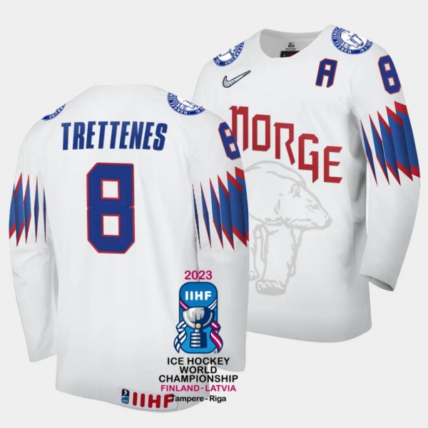 Mathias Trettenes 2023 IIHF World Championship Norway #8 White Home Jersey Men