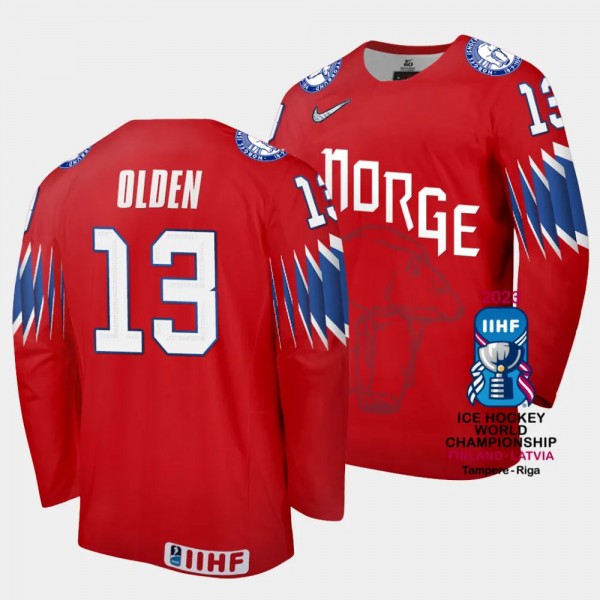 Norway #13 Sondre Olden 2023 IIHF World Championship Away Jersey Red