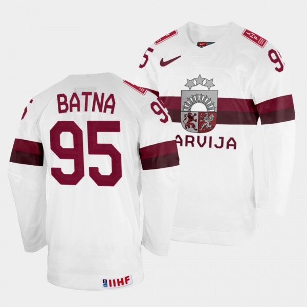 Latvijas 2022 IIHF World Championship Oskars Batna #95 White Jersey Home