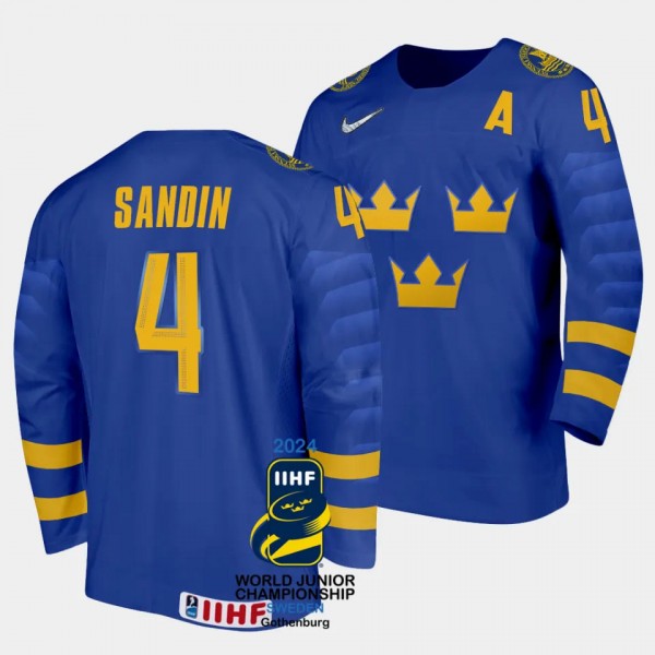 Axel Sandin Pellikka 2024 IIHF World Junior Championship Sweden #4 White Jersey Men