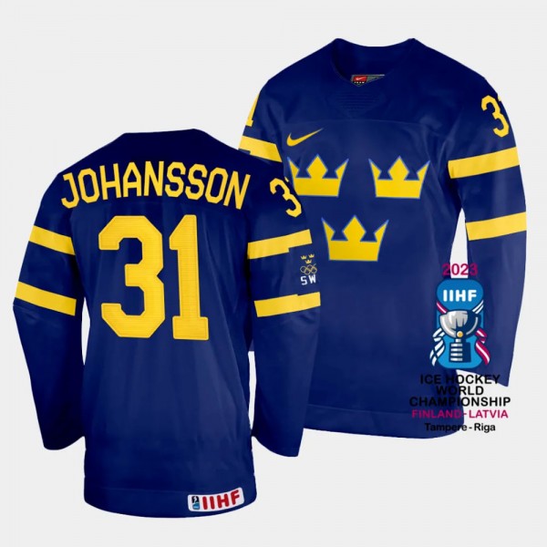 Lars Johansson 2023 IIHF World Championship Sweden #31 Navy Away Jersey Men