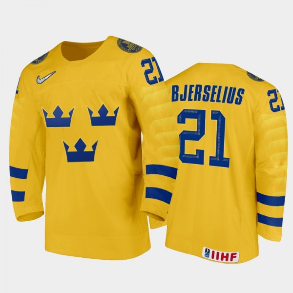 Oscar Bjerselius 2021 IIHF World Junior Championship Sweden Home Jersey Gold