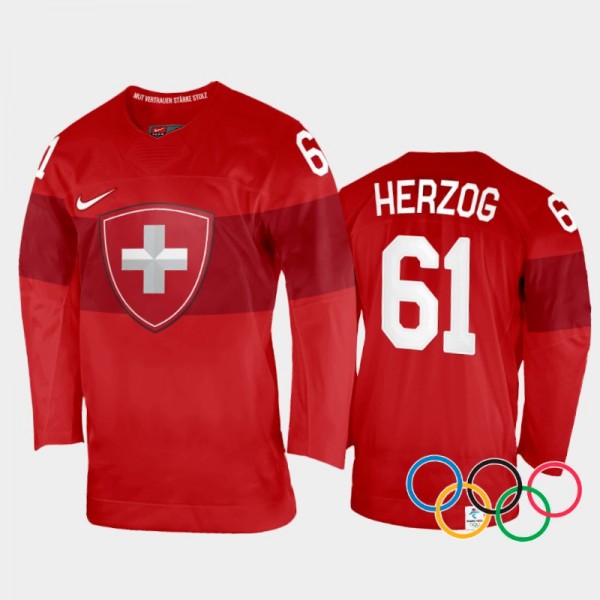 Switzerland Hockey Fabrice Herzog 2022 Winter Olympics Home Jersey Red