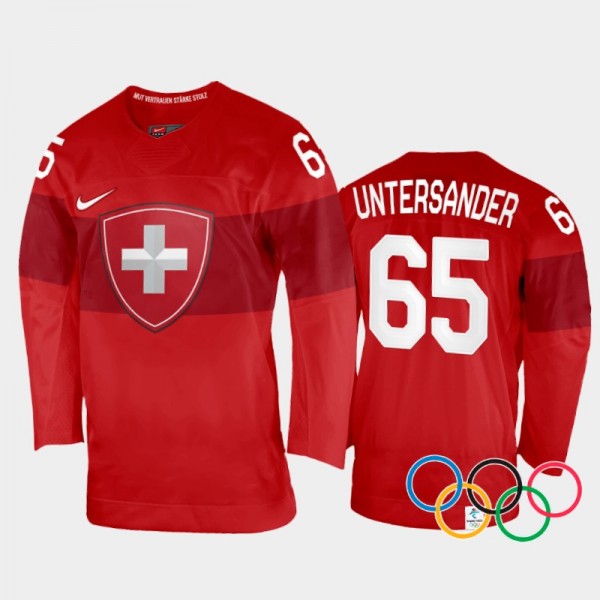 Switzerland Hockey Ramon Untersander 2022 Winter Olympics Home Jersey Red