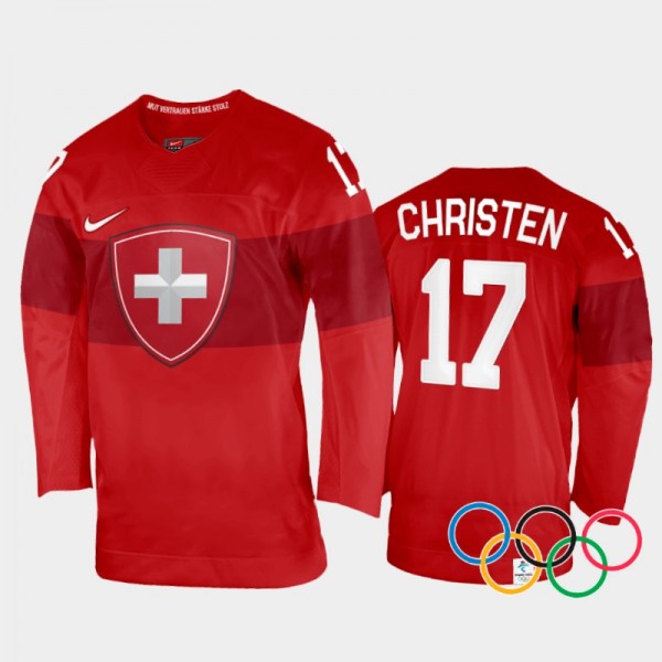 Switzerland Women's Hockey 2022 Winter Olympics Lara Christen Red Jersey Home