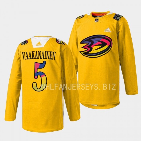 Women in Sports Night Urho Vaakanainen Anaheim Ducks Yellow #5 Warmup Jersey 2023