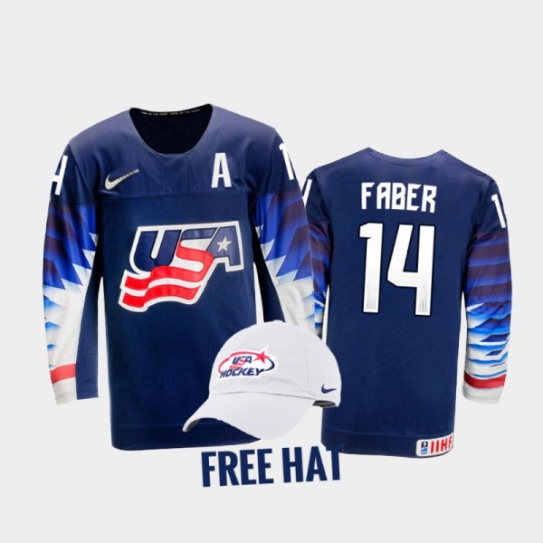 USA Hockey Brock Faber 2022 IIHF World Junior Championship Free Hat Jersey Blue